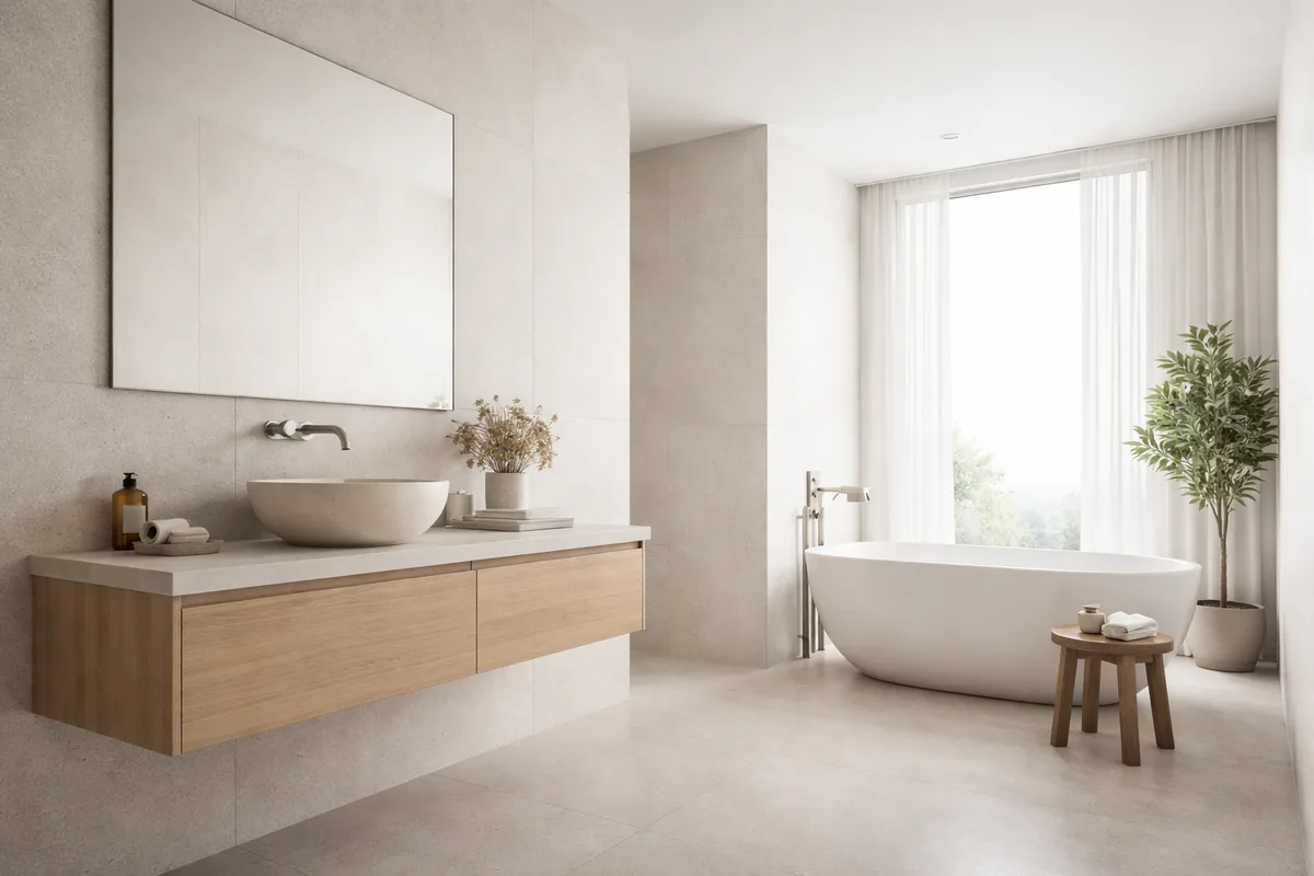 What materials are ideal for a minimalist bathroom renovation?